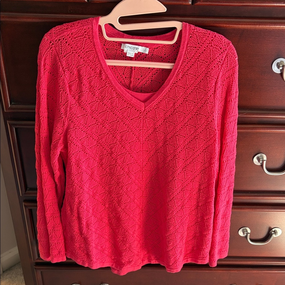 Chico's Rosy Pink Open-Knit V-Neck Sweater and Coordinating Tank